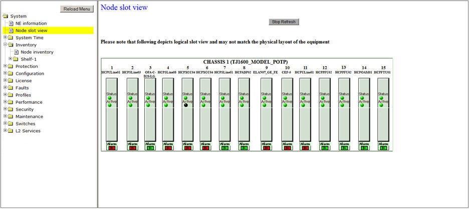 Node slot view of TJ1600 POTP (11 slot)