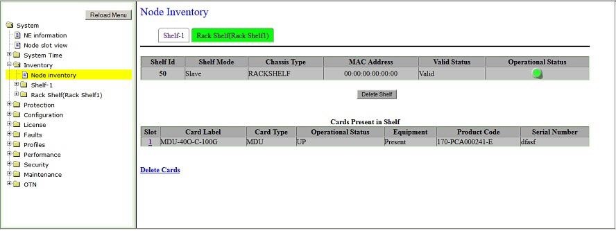 Node Inventory pane- Rack Shelf tab