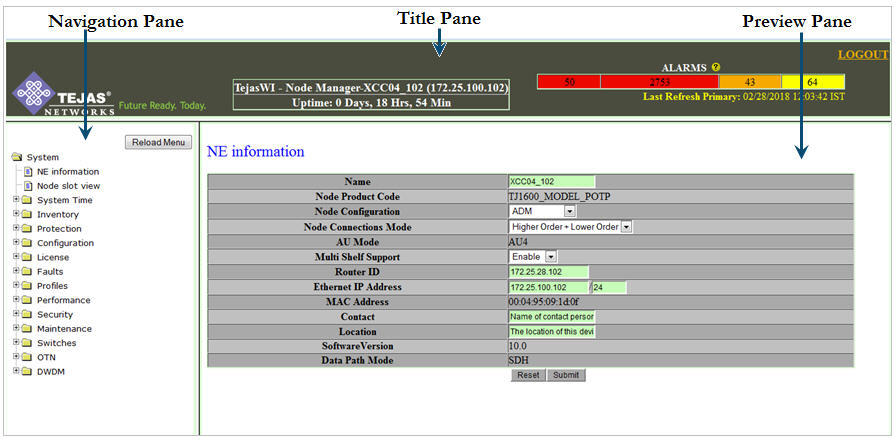 NE information page with three panes labelled