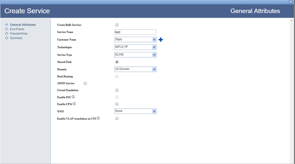 Creating MPLS-TP Service- Step 1 (General Attributes)