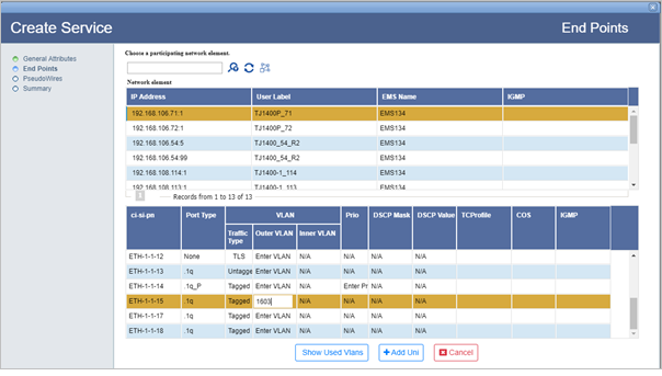 Create MPLS-TP Service- Adding end points and UNI port (QoS)