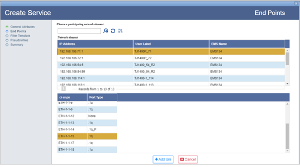 Create Bulk Services- Adding end points and UNI port