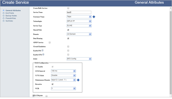 Create MPLS-TP ELINE Dual Homed services over a single switch- Step 1 (General Attributes)