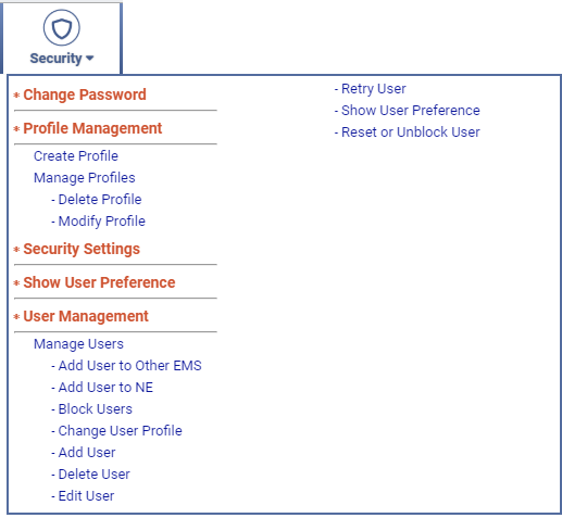 Security menu options with Usermanager login