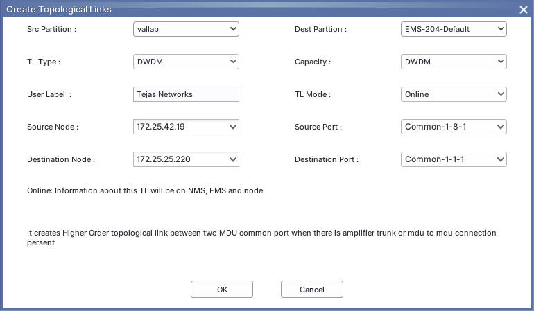 Create Topological Links window- DWDM