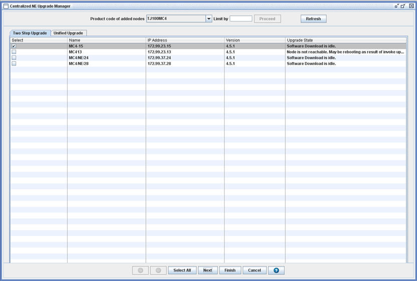 Centralized NE Upgrade Manager window - TwoStepUpgrade