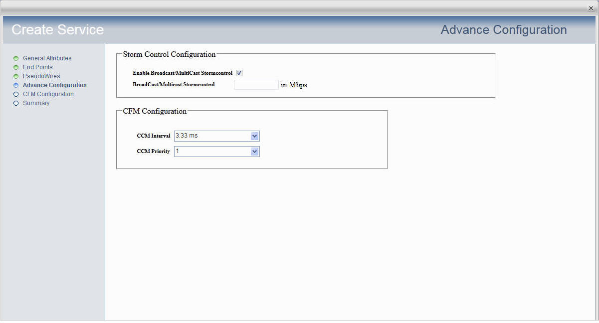 Create .1q_.1ad Service- Step 4 (Advanced Configuration- Storm Control Configuration and CFM)