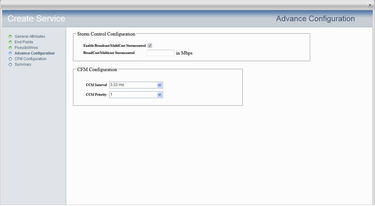 Create .1q/.1ad Service- Step 5 (Advanced Configuration- Storm Control and CFM)