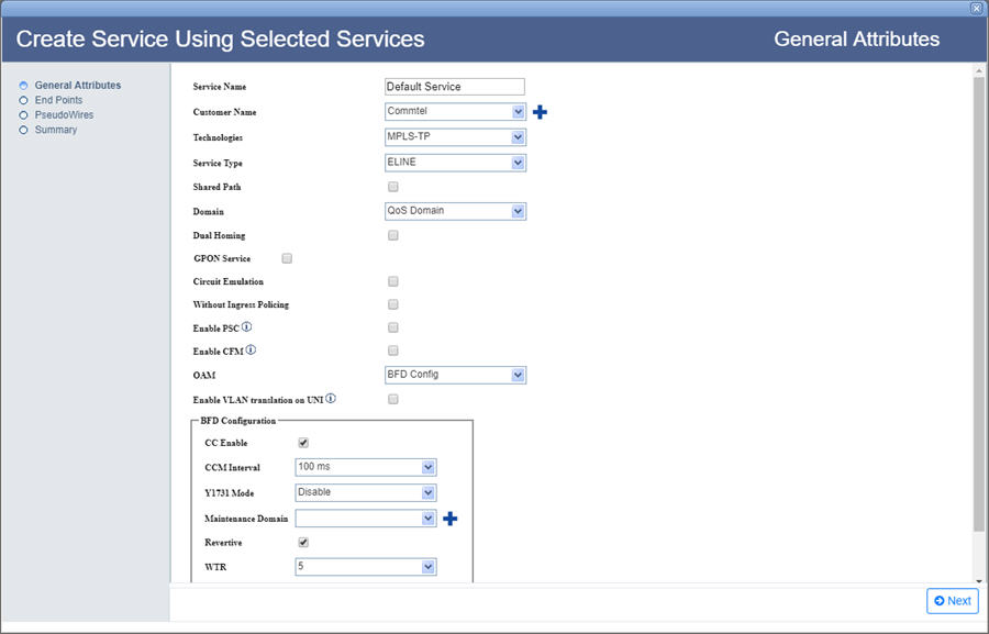 Creating Service using Selected Services window