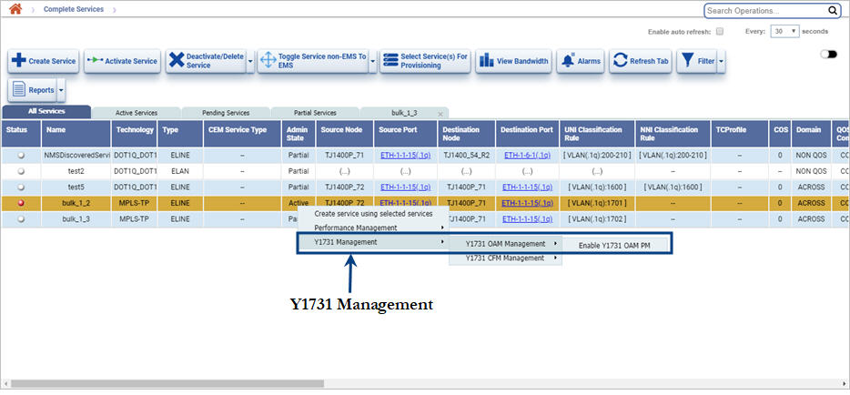 Service Y1731 OAM Management menu options