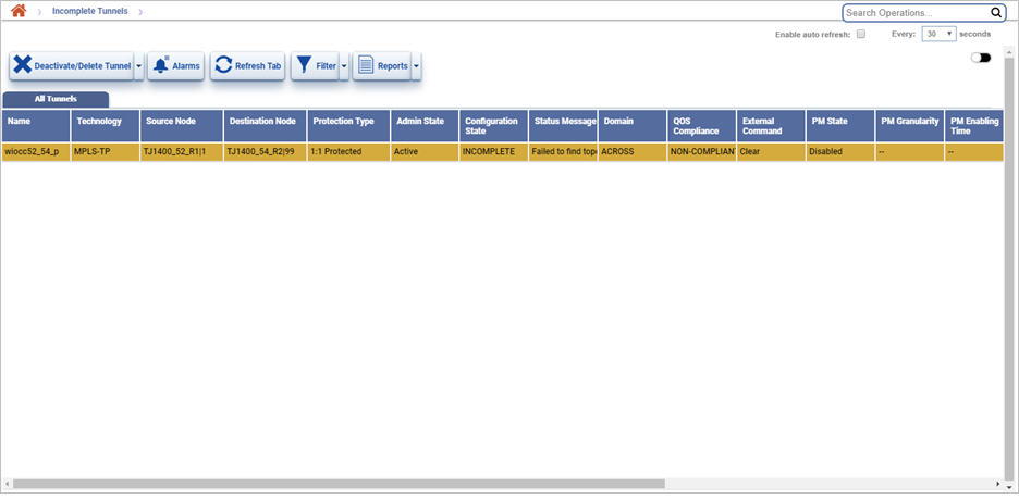 Manage Incomplete Tunnels page