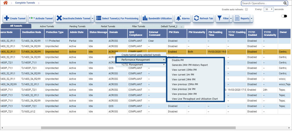 Tunnel Performance Management menu options