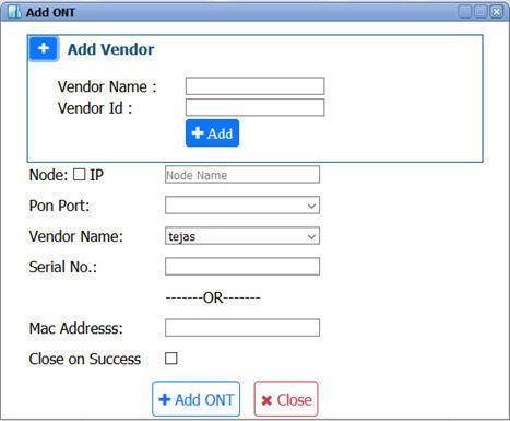 Adding Vendor in Add ONT window