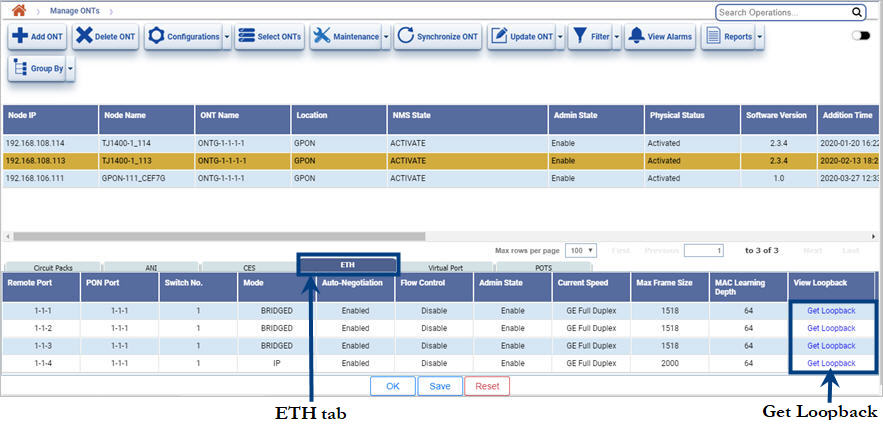 ETH port loopback on Manage ONTs page