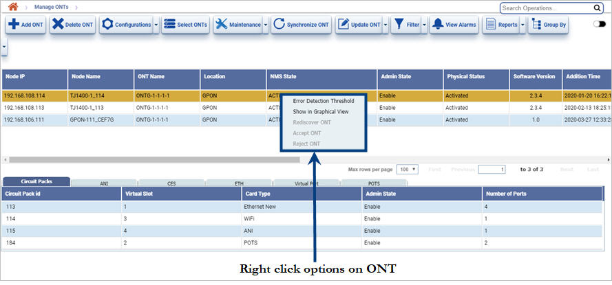 Right click options on ONTs