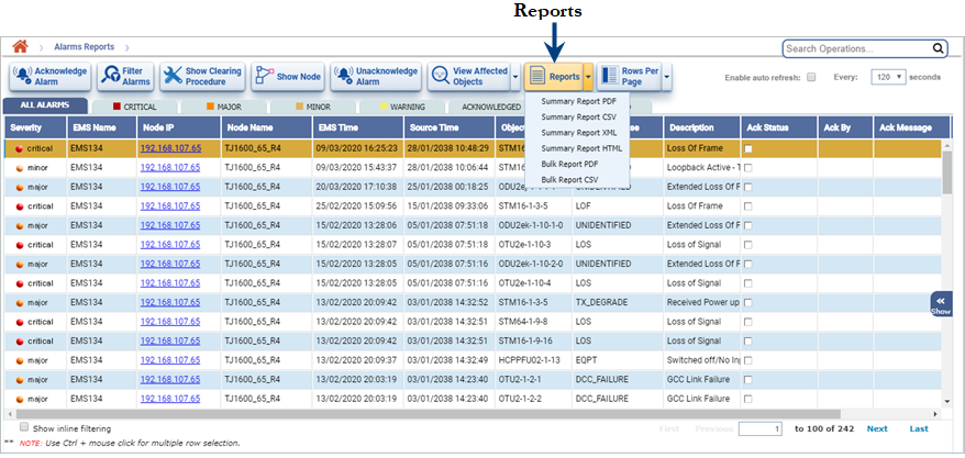 Alarm Reports page