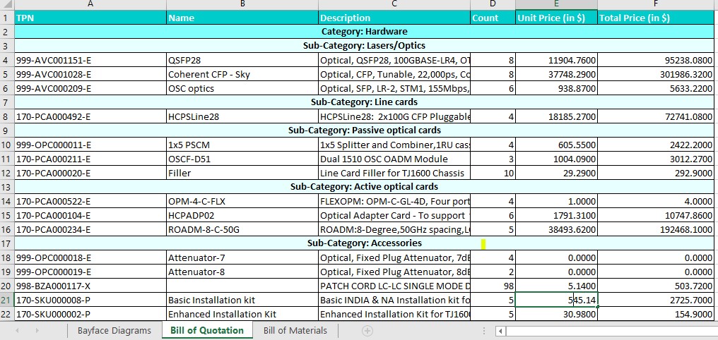 Bill of Quotation excel sheet