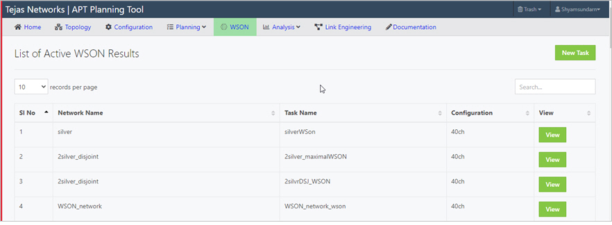 WSON page showing list of all active WSON results