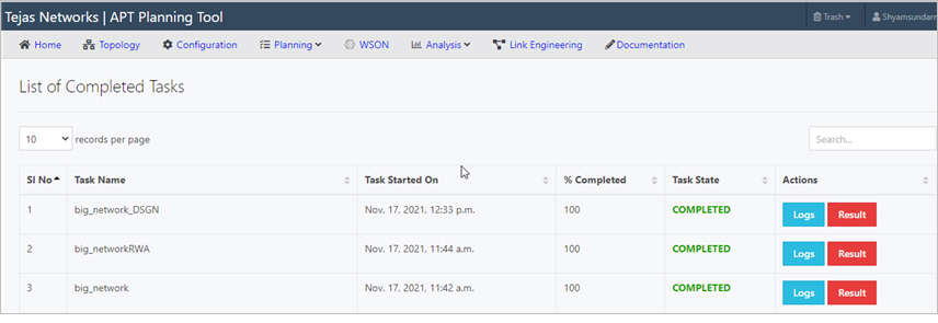 Table showing completed task