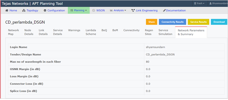 Page showing network parameter and summary details