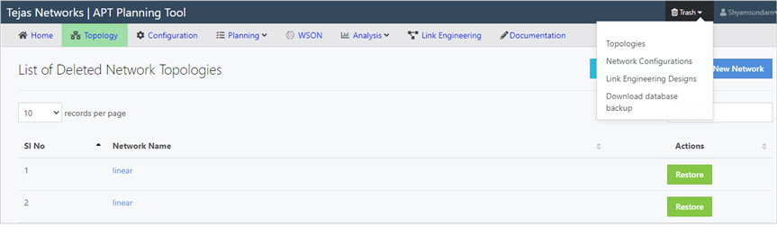 Page showing list of all deleted network topology