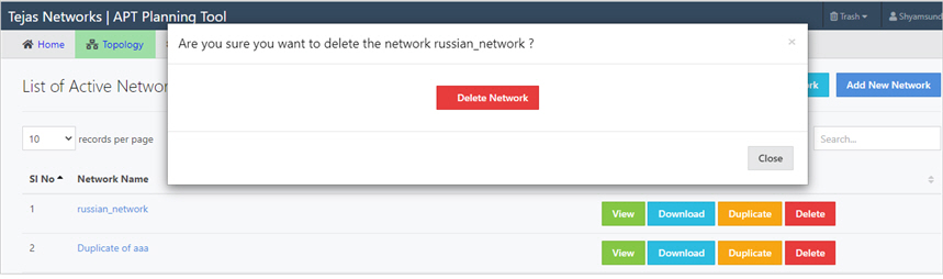 Page showing option to delete topology