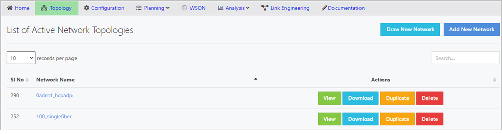 Topology page showing list of all network topologies