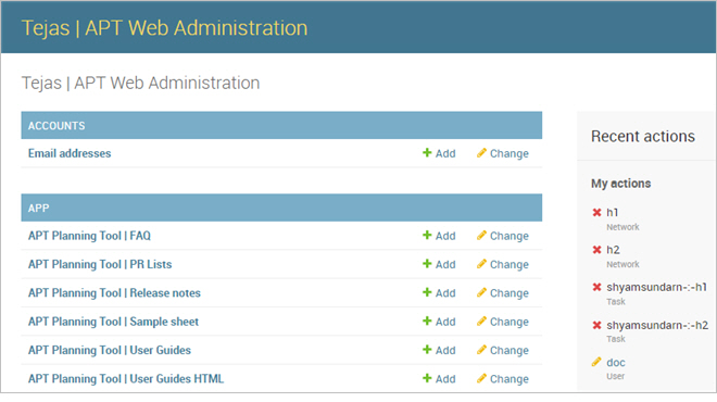 Administration page of APT planning tool