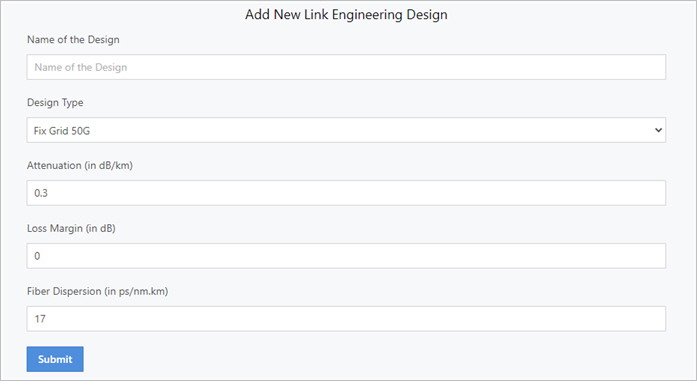 Form for configuring parameters for new link design