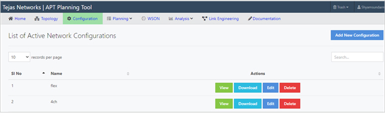 Conﬁguration page showing list of active network conﬁguration