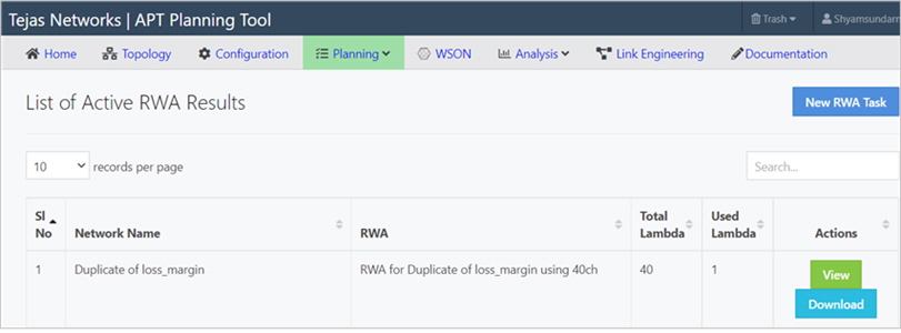 Page showing list of active RWA results